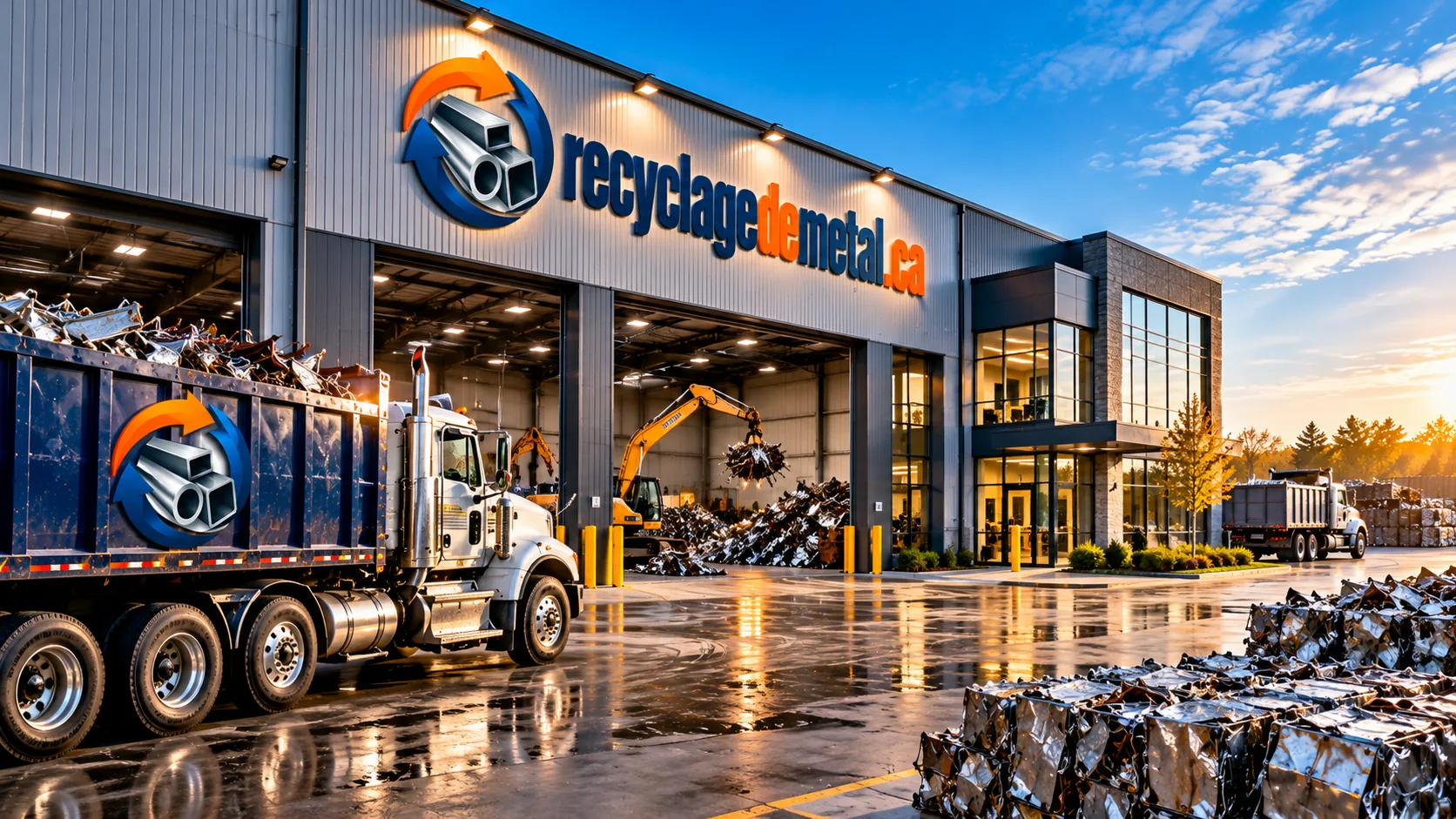 Façade d'un centre de récupération de métaux, camion et balles de métal compacté dans la cour