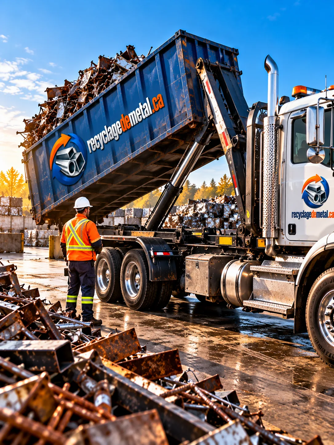 Conteneur de ferraille basculé par un camion, travailleur en dossard à côté